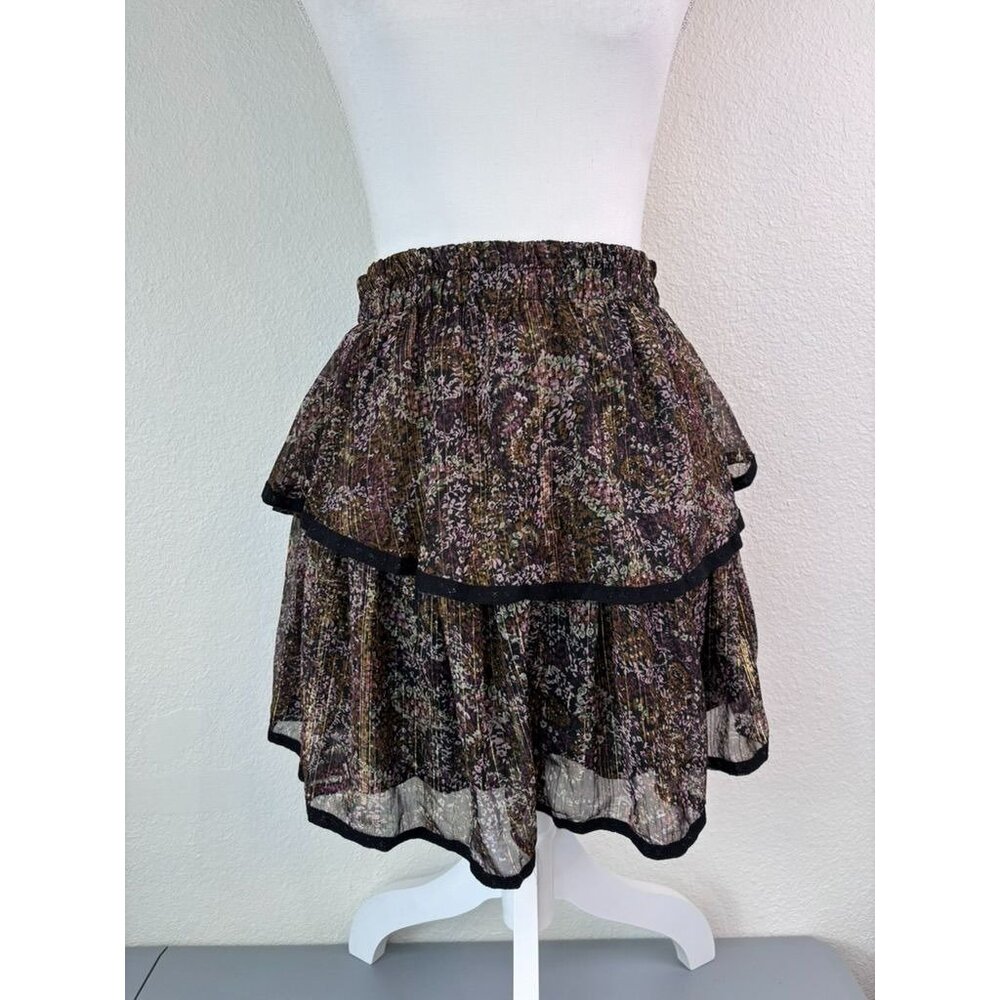 Allison New York women's small brown patterned tiered mini‎ skirt metallic NWT